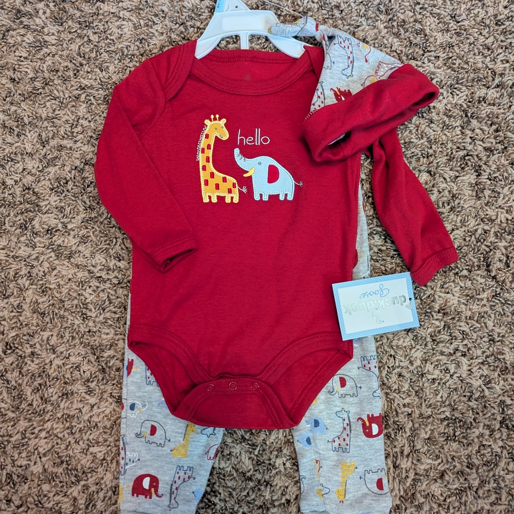 Red Baby Onesie with Animal Print Pants And Matching Hat